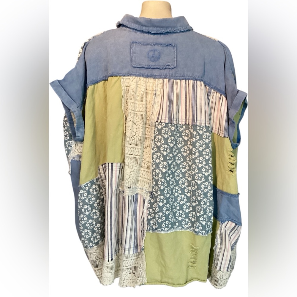 Blue Velvet Patchwork Button Down Bat-Wing Tunic/Shirt Sz S/M - Picture 9 of 10